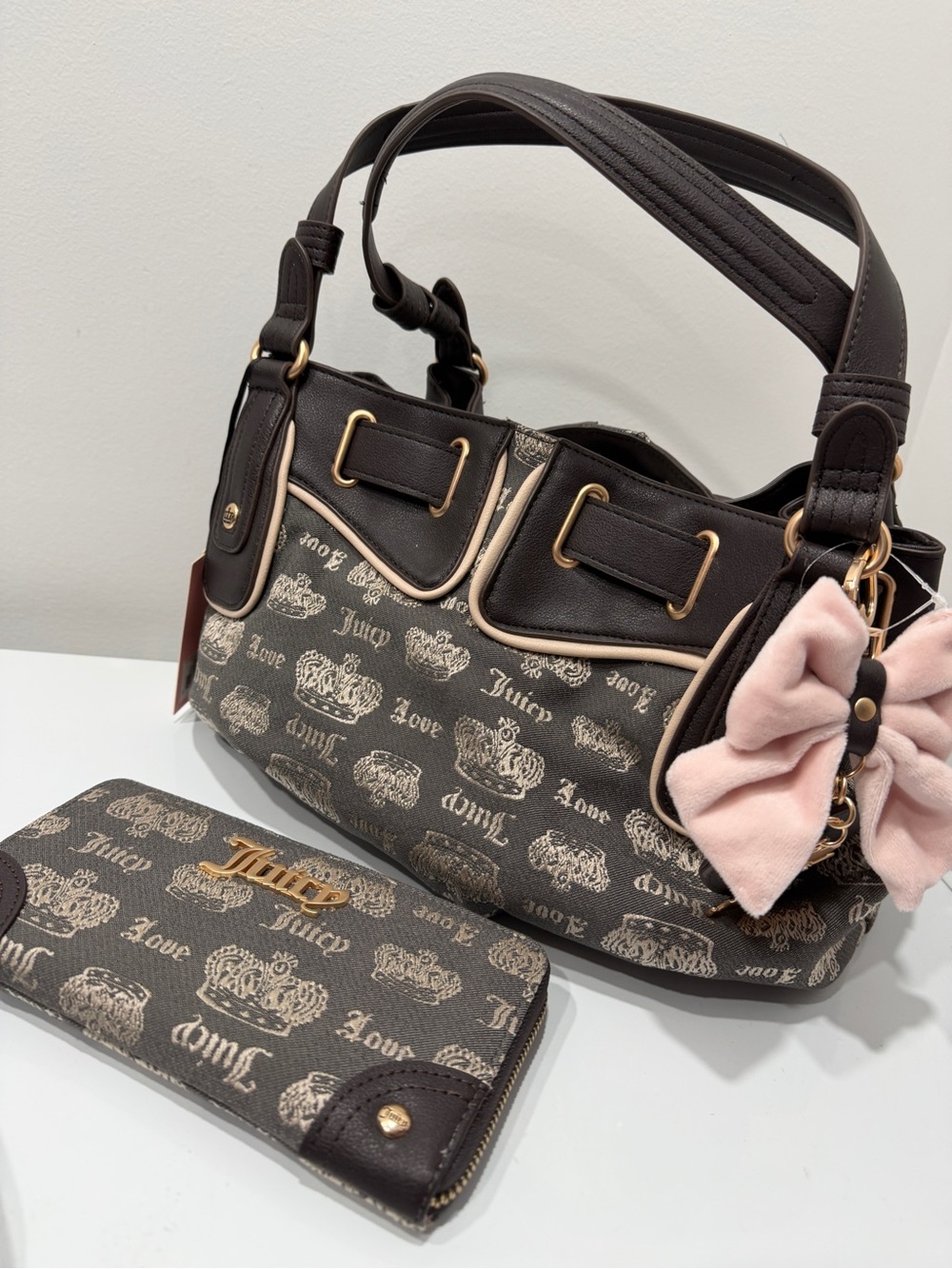 Juicy Couture Brown Logo Shoulder Bag with Pink Bow Charm